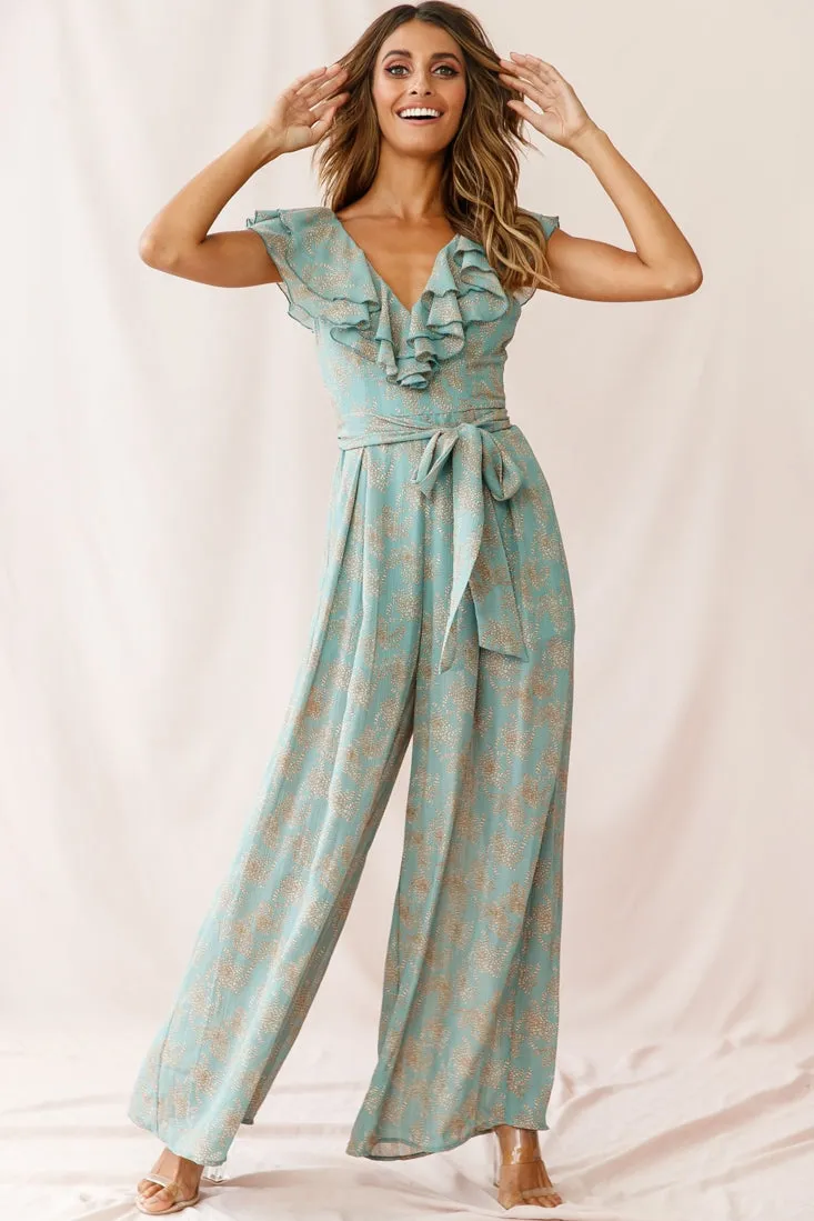 Marcia Ruffle Strap Wide Leg Jumpsuit Floral Print Sage