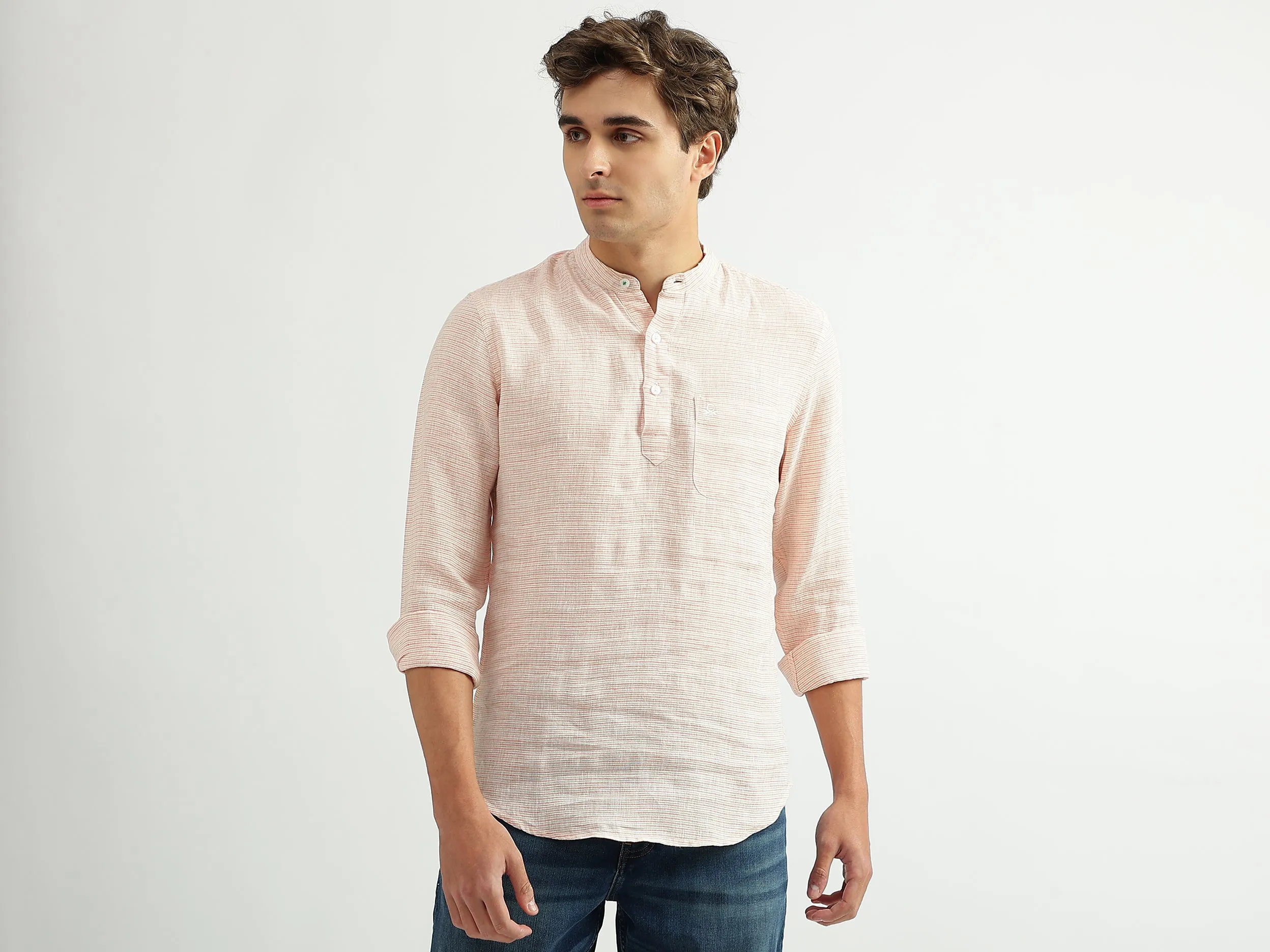 Men Striped Mandarin Collar Shirt