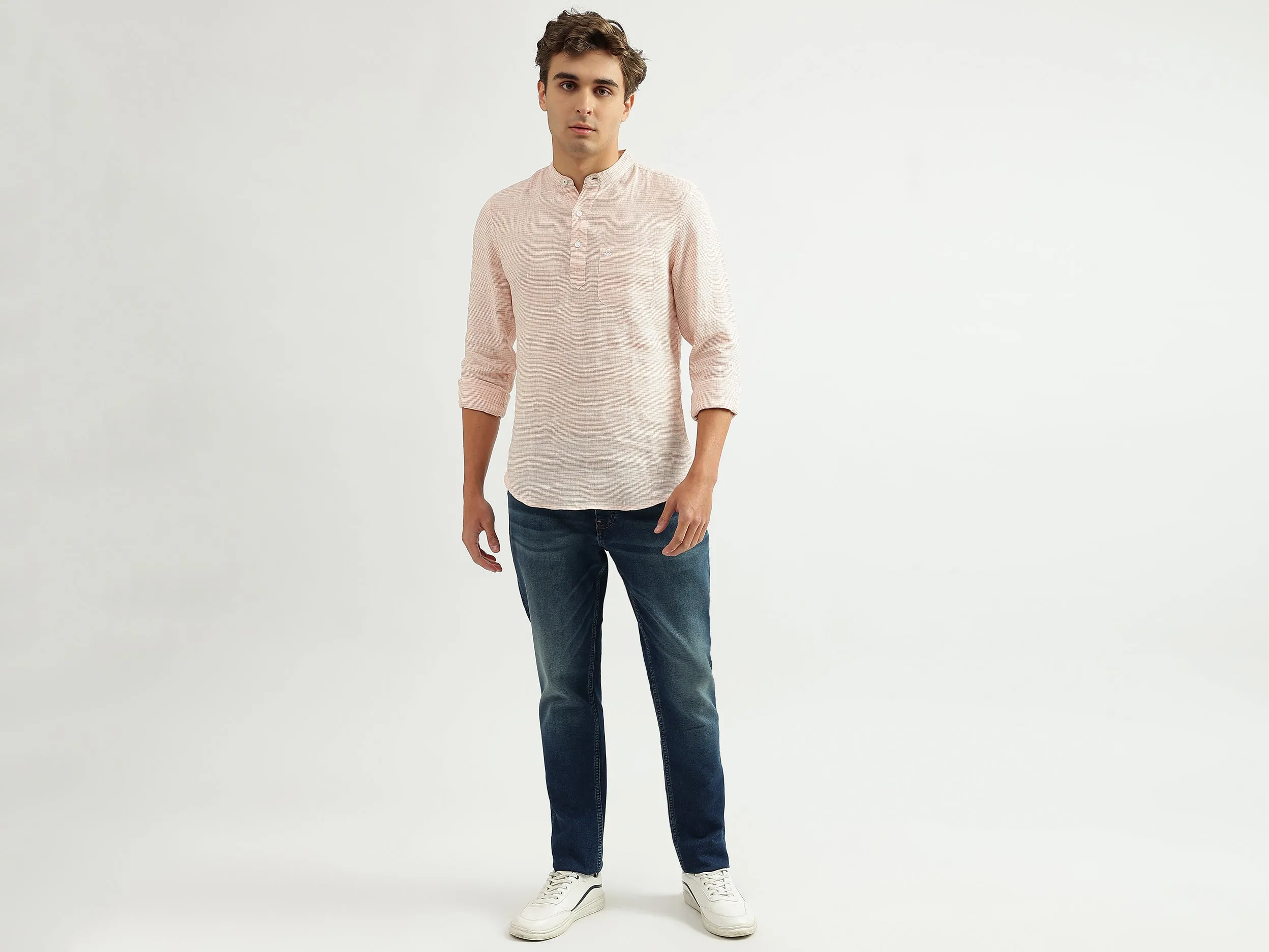 Men Striped Mandarin Collar Shirt