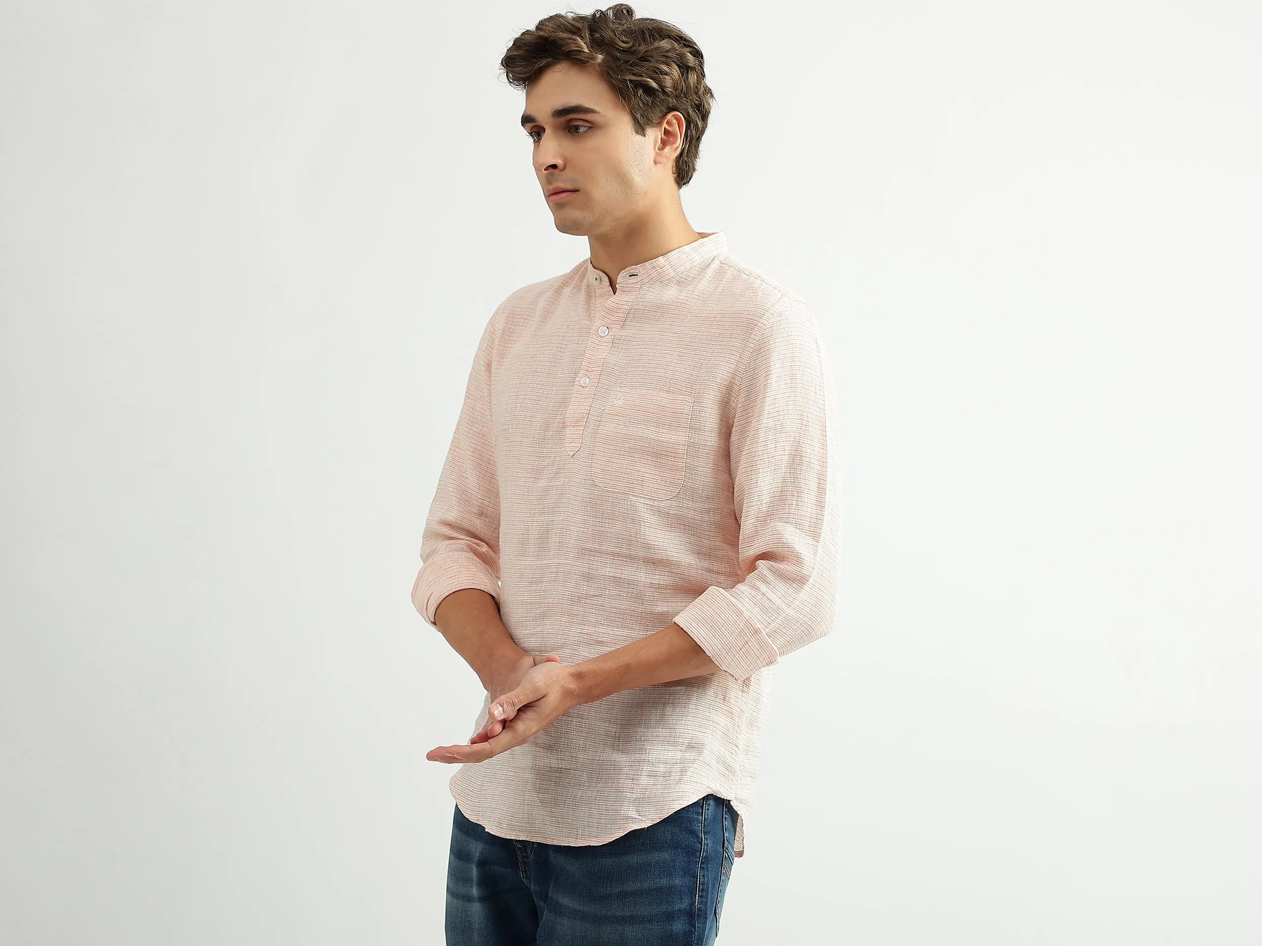 Men Striped Mandarin Collar Shirt