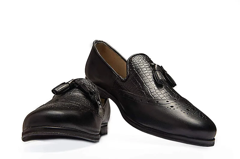 Men's Black Brogue Tassel Loafers Genuine Leather