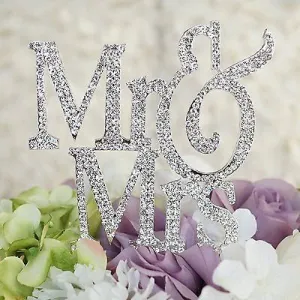 Mr and Mrs Silver Glitter Crystal Bride and Groom Wedding Cake Topper