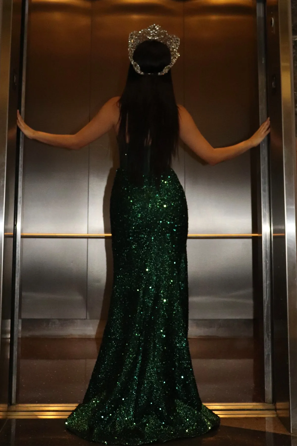 N A1343 - Strapless Full Sequin Fit & Flare Prom Gown with Sheer Rhinestone Embellished Boned Bodice & Leg Slit