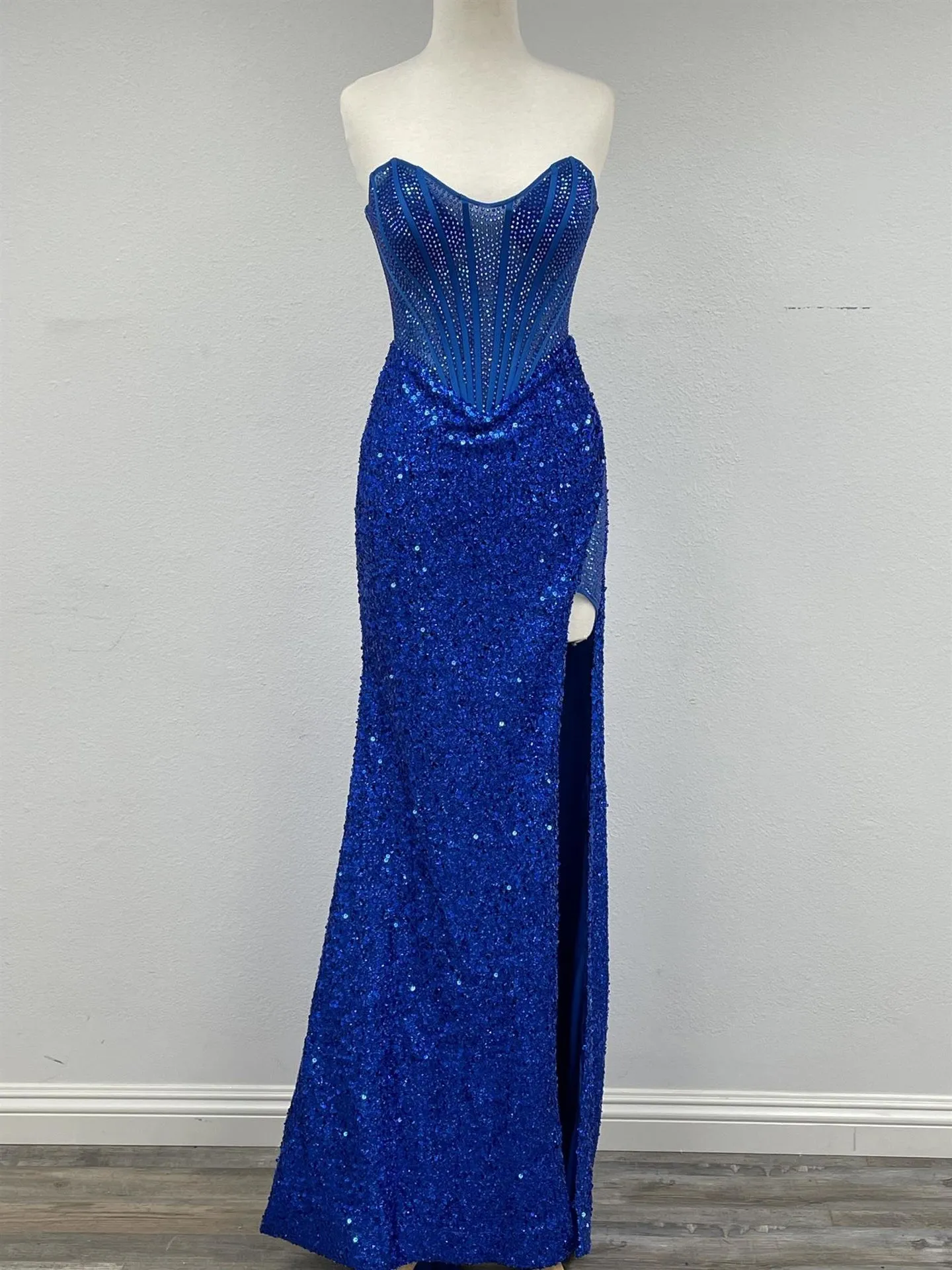 N A1343 - Strapless Full Sequin Fit & Flare Prom Gown with Sheer Rhinestone Embellished Boned Bodice & Leg Slit