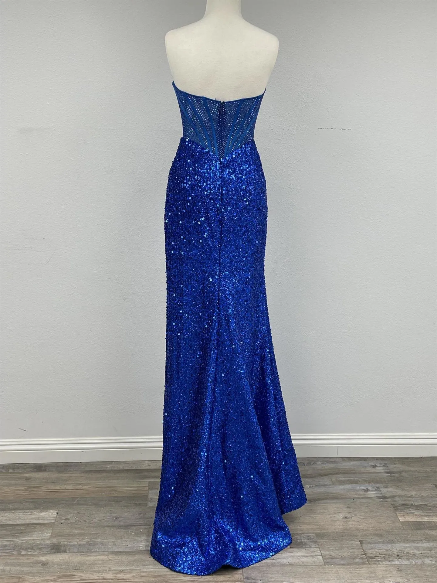 N A1343 - Strapless Full Sequin Fit & Flare Prom Gown with Sheer Rhinestone Embellished Boned Bodice & Leg Slit