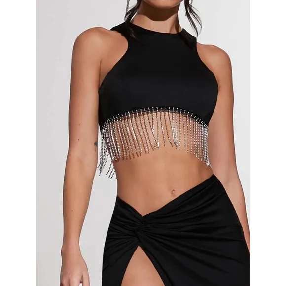 *Nadia Rhinestone Fringe Trim Crop Tank Top &amp; Twist Split Thigh Skirt