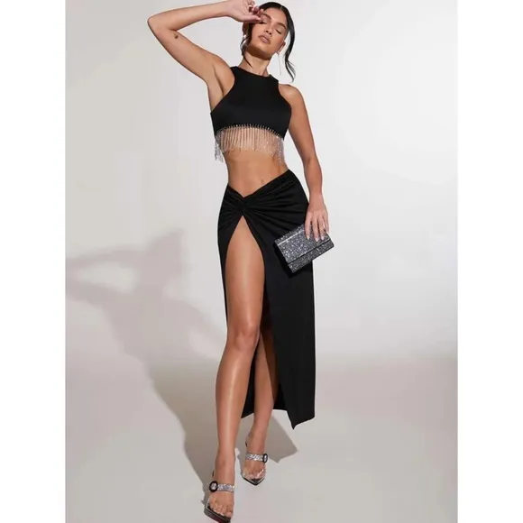 *Nadia Rhinestone Fringe Trim Crop Tank Top &amp; Twist Split Thigh Skirt