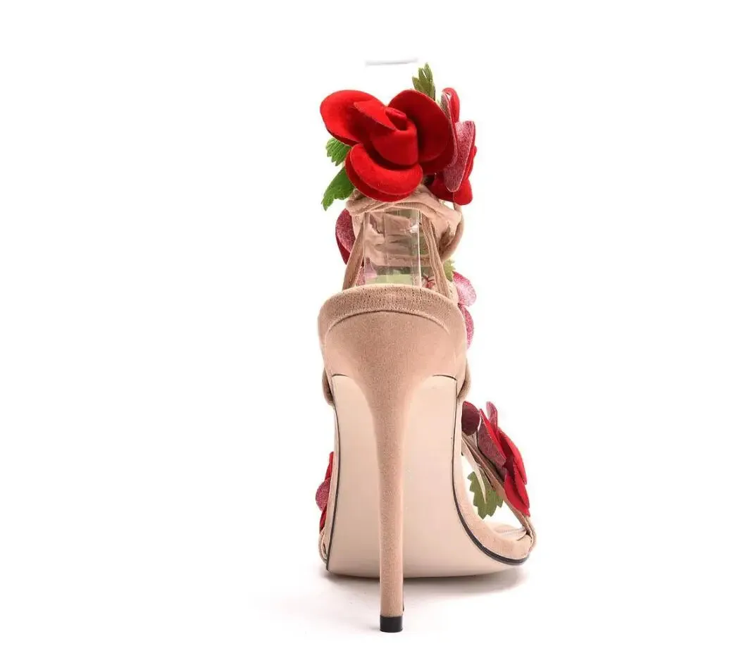 New Flowers Sandal Red Rose Flower Cross-tie High-heeled Shoes