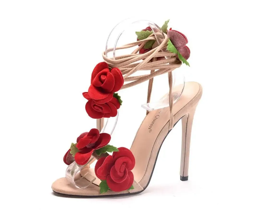 New Flowers Sandal Red Rose Flower Cross-tie High-heeled Shoes