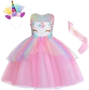 New in package! Beautiful Little Girls Unicorn Tulle Dress with headband & Birthday Girl Sash! Sz 6-7 Years!