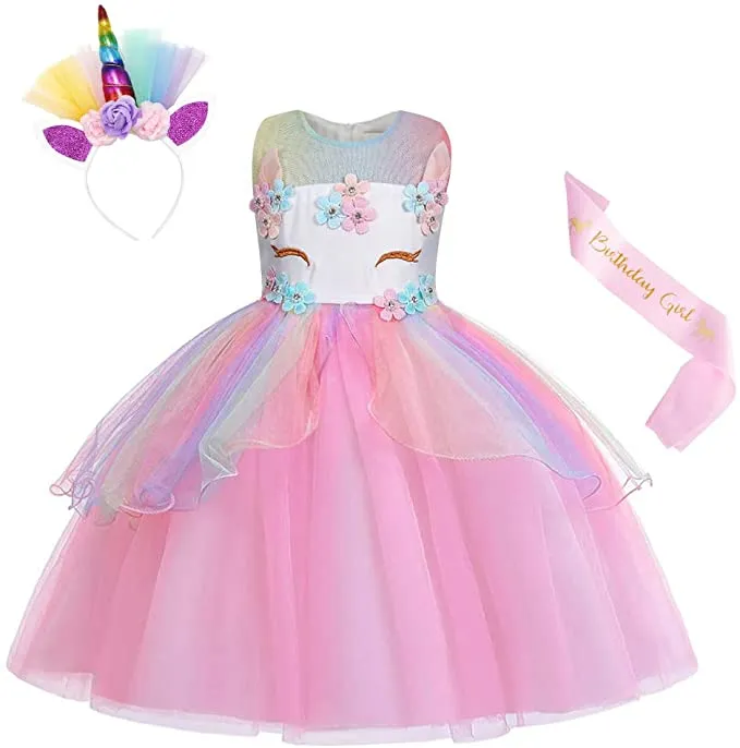 New in package! Beautiful Little Girls Unicorn Tulle Dress with headband & Birthday Girl Sash! Sz 6-7 Years!