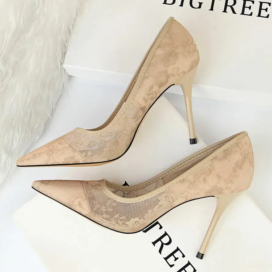 New Pointed Toe Mesh Hollow Lace Heels