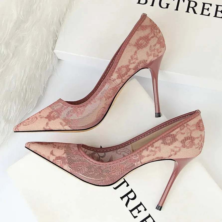 New Pointed Toe Mesh Hollow Lace Heels