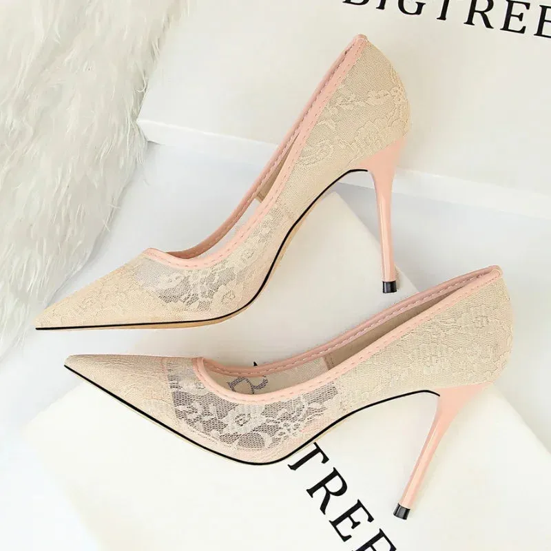 New Pointed Toe Mesh Hollow Lace Heels