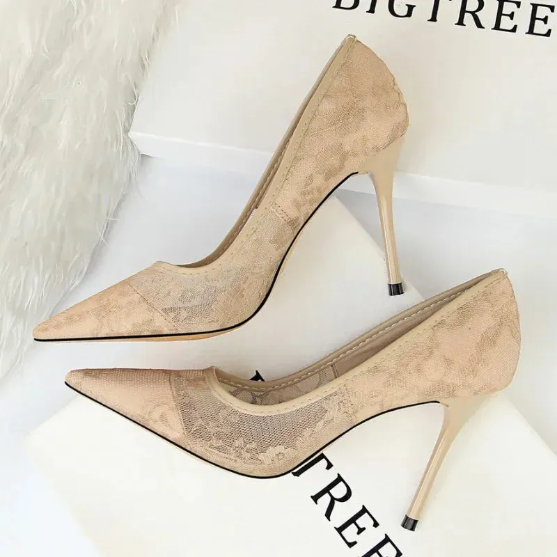 New Pointed Toe Mesh Hollow Lace Heels