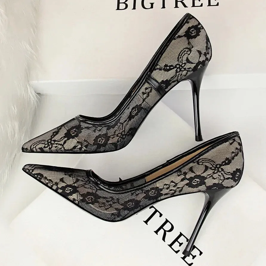 New Pointed Toe Mesh Hollow Lace Heels