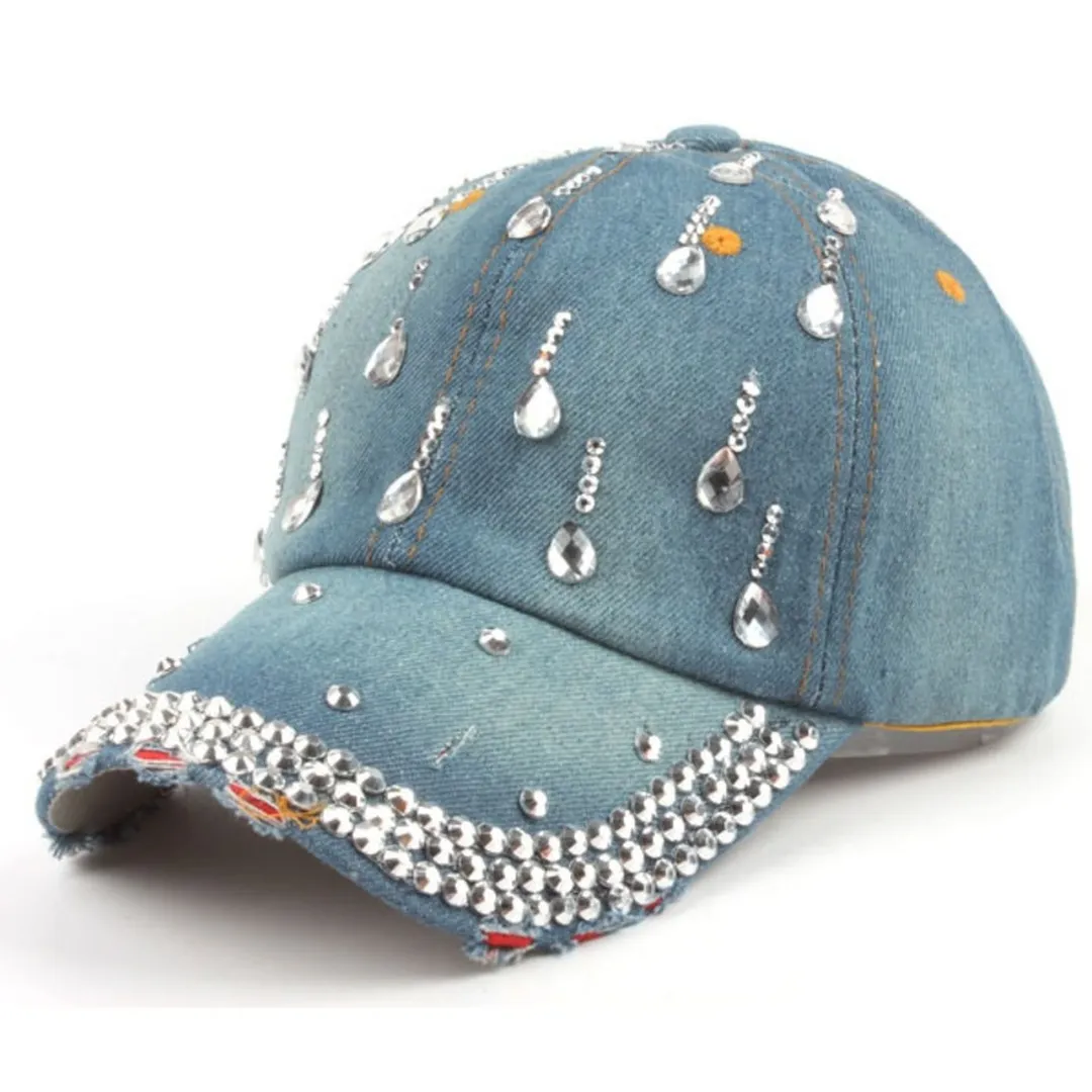 NEWBLOM Rhinestone Bow Crown Denim Baseball Cap