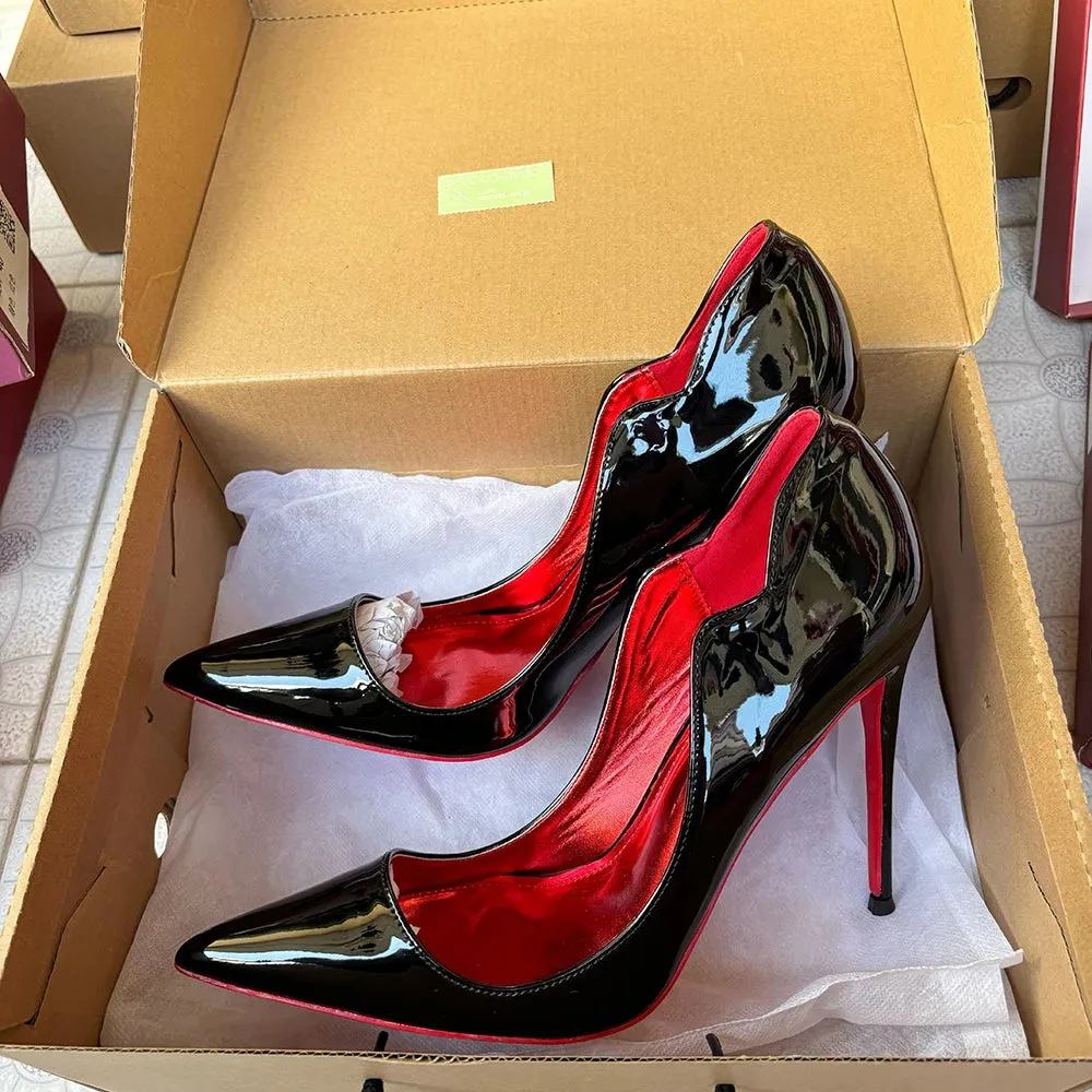 Newly Women Sexy 12cm Pumps Stilettos Glossy Patent Apricot Side V Cut High Heels