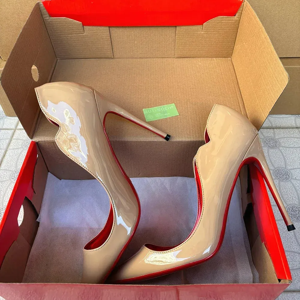 Newly Women Sexy 12cm Pumps Stilettos Glossy Patent Apricot Side V Cut High Heels