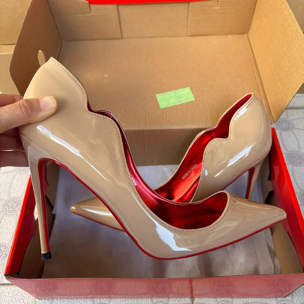 Newly Women Sexy 12cm Pumps Stilettos Glossy Patent Apricot Side V Cut High Heels