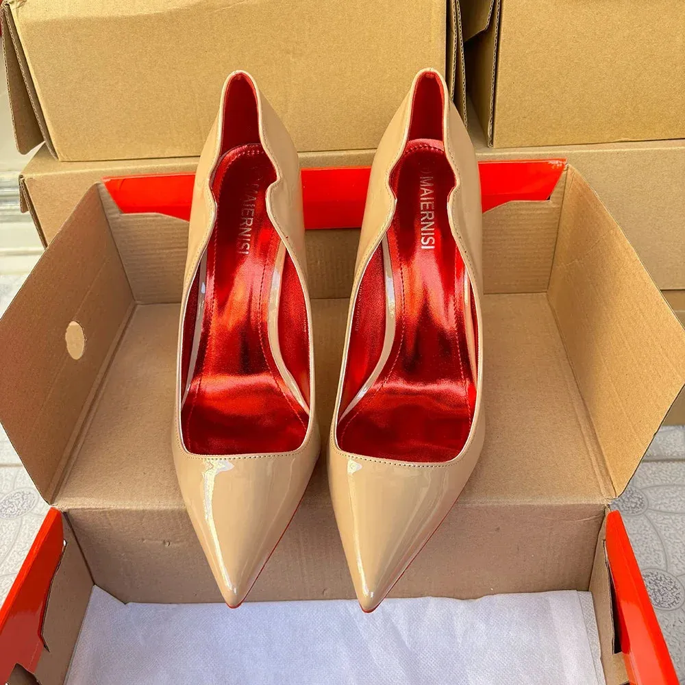 Newly Women Sexy 12cm Pumps Stilettos Glossy Patent Apricot Side V Cut High Heels