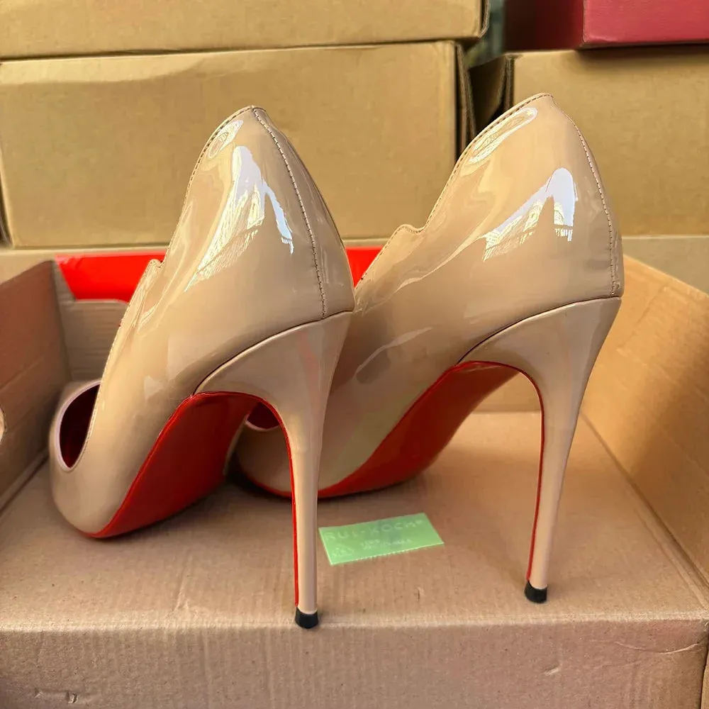 Newly Women Sexy 12cm Pumps Stilettos Glossy Patent Apricot Side V Cut High Heels