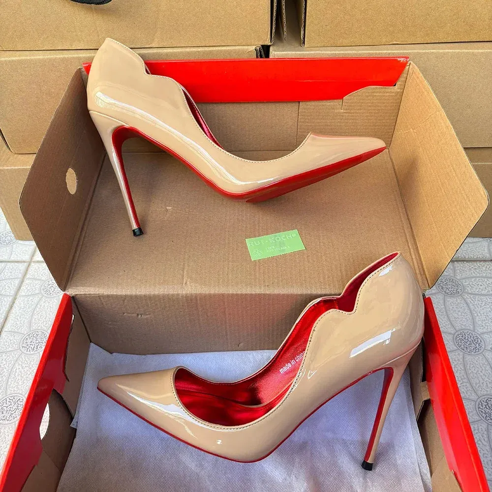 Newly Women Sexy 12cm Pumps Stilettos Glossy Patent Apricot Side V Cut High Heels