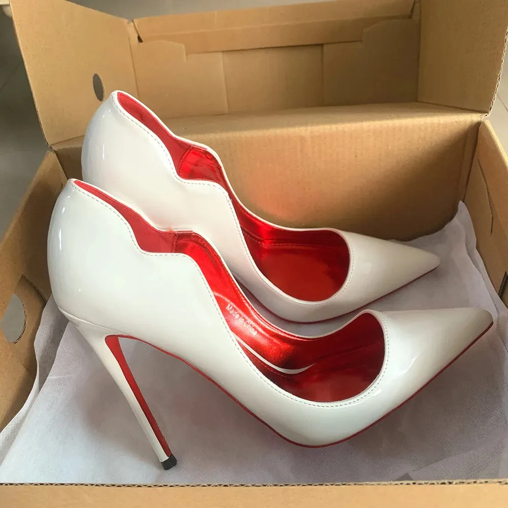 Newly Women Sexy 12cm Pumps Stilettos Glossy Patent Apricot Side V Cut High Heels