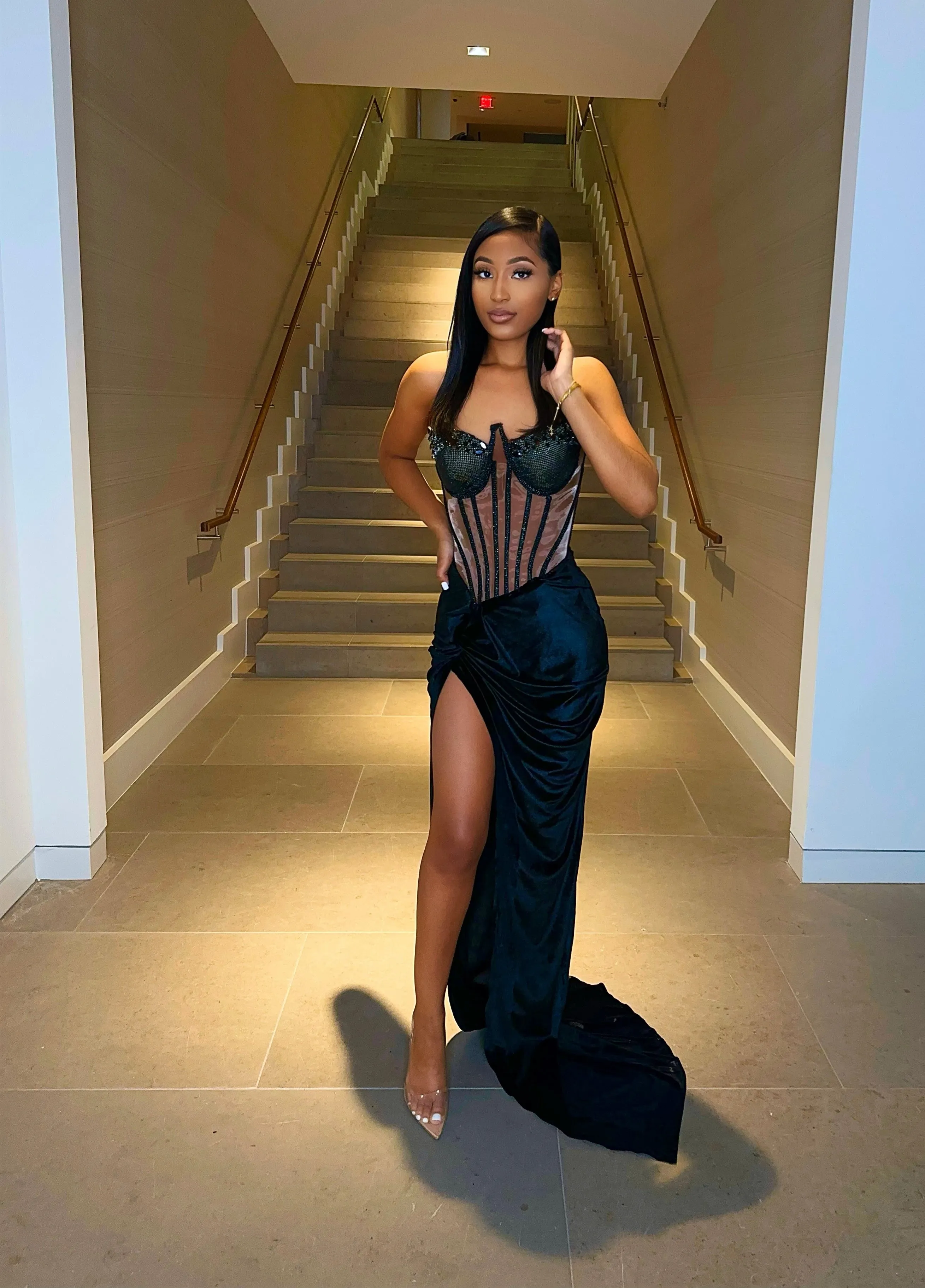 “Nia” Rhinestone Corset Gown w/ Crystal Detail