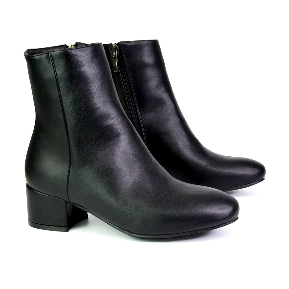 Nolan Winter Mid Block High Heel Ankle Boots With Inside Zip in Tan Synthetic Leather