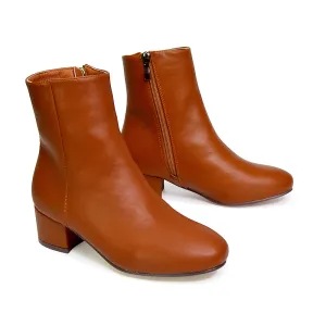 Nolan Winter Mid Block High Heel Ankle Boots With Inside Zip in Tan Synthetic Leather