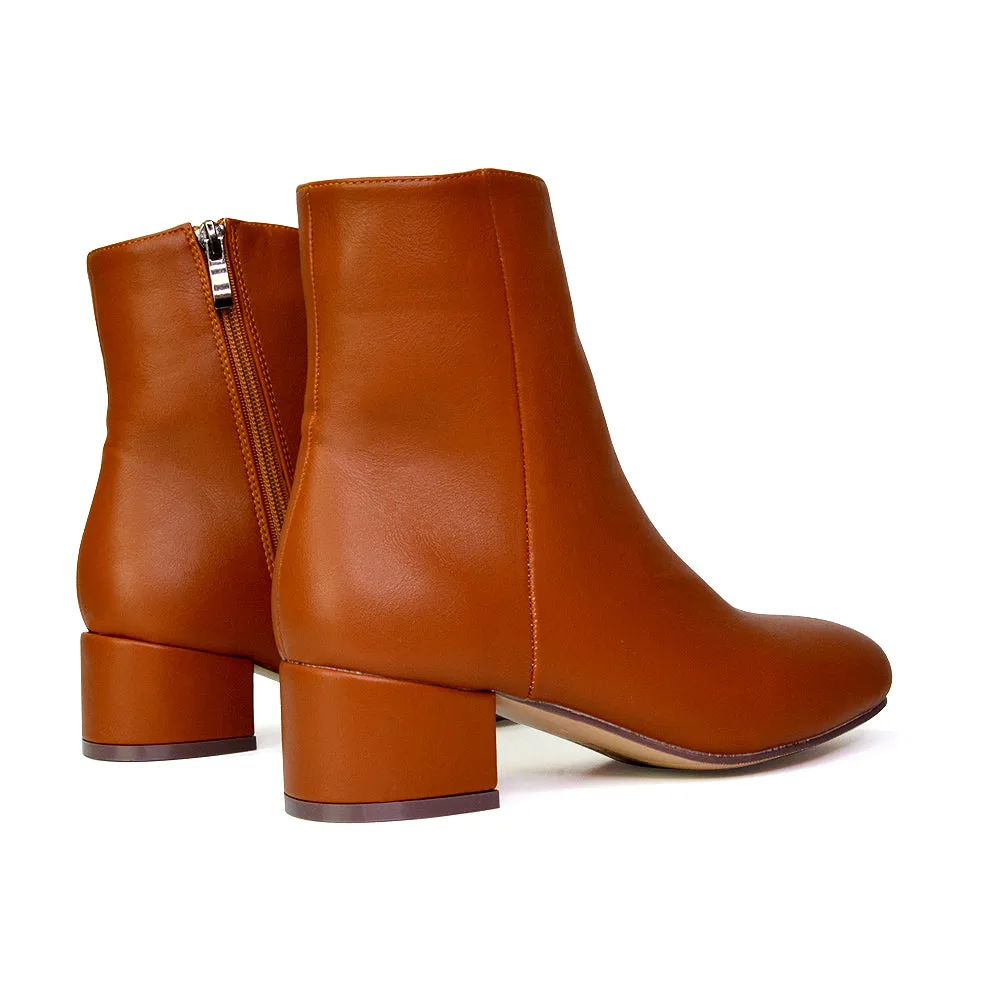 Nolan Winter Mid Block High Heel Ankle Boots With Inside Zip in Tan Synthetic Leather