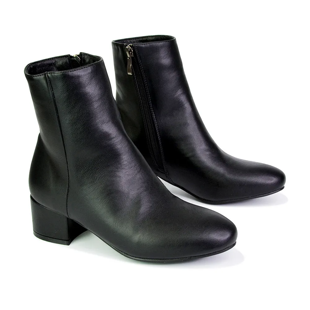 Nolan Winter Mid Block High Heel Ankle Boots With Inside Zip in Tan Synthetic Leather