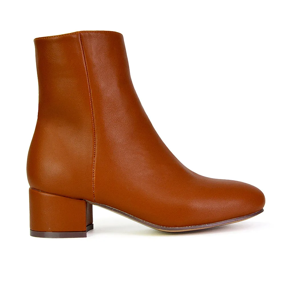 Nolan Winter Mid Block High Heel Ankle Boots With Inside Zip in Tan Synthetic Leather