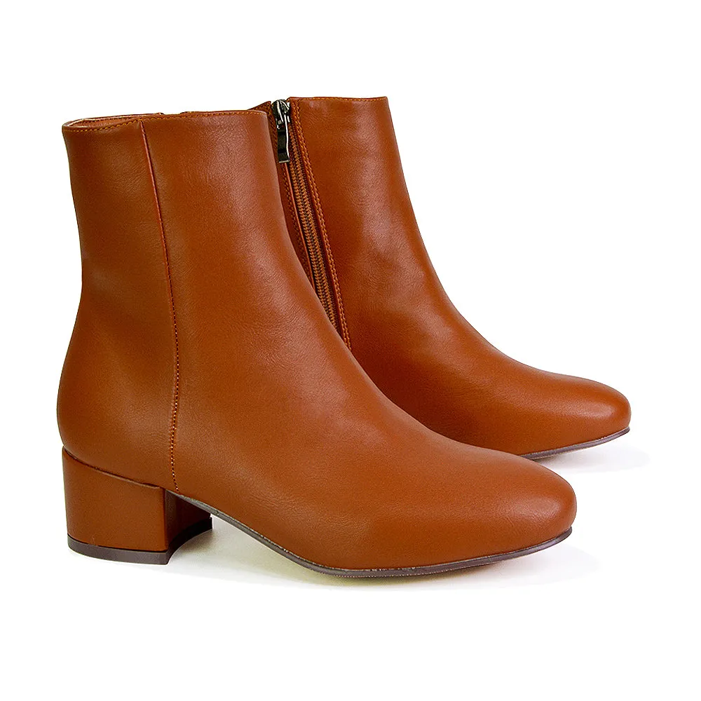 Nolan Winter Mid Block High Heel Ankle Boots With Inside Zip in Tan Synthetic Leather