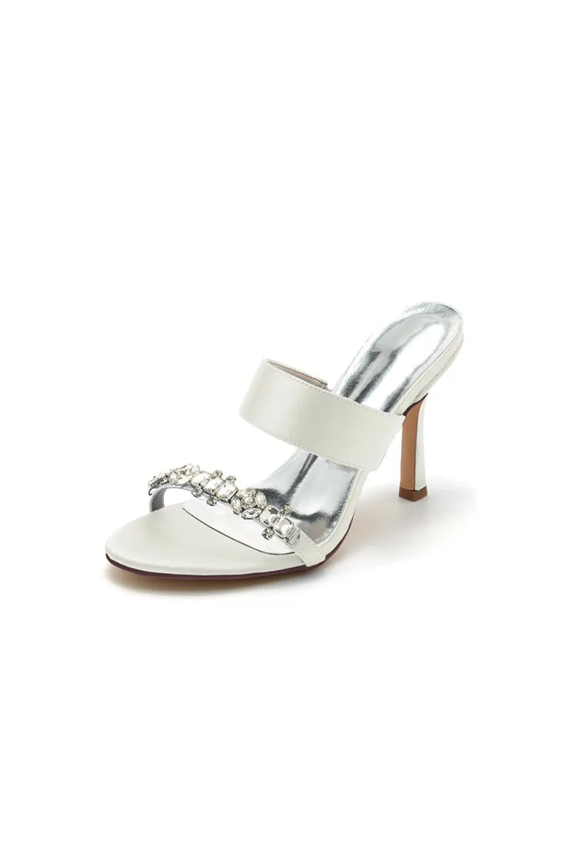 Open Toe Satin Strap Slip On High Heels With Rhinestone