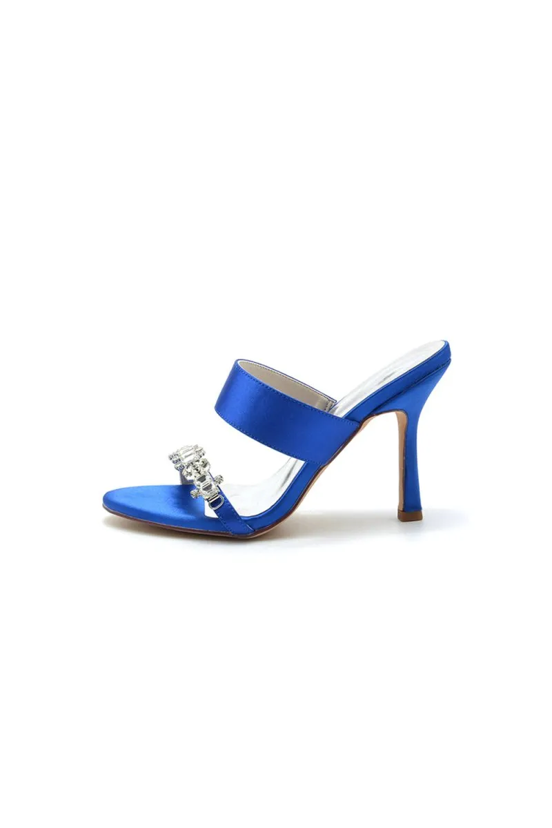 Open Toe Satin Strap Slip On High Heels With Rhinestone