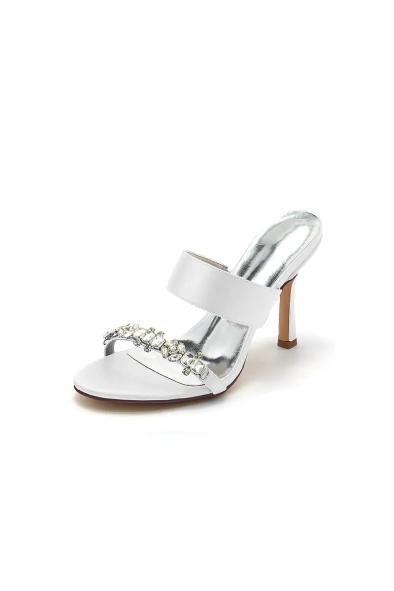 Open Toe Satin Strap Slip On High Heels With Rhinestone