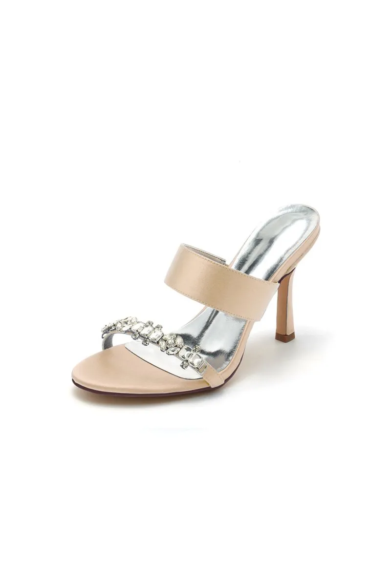 Open Toe Satin Strap Slip On High Heels With Rhinestone