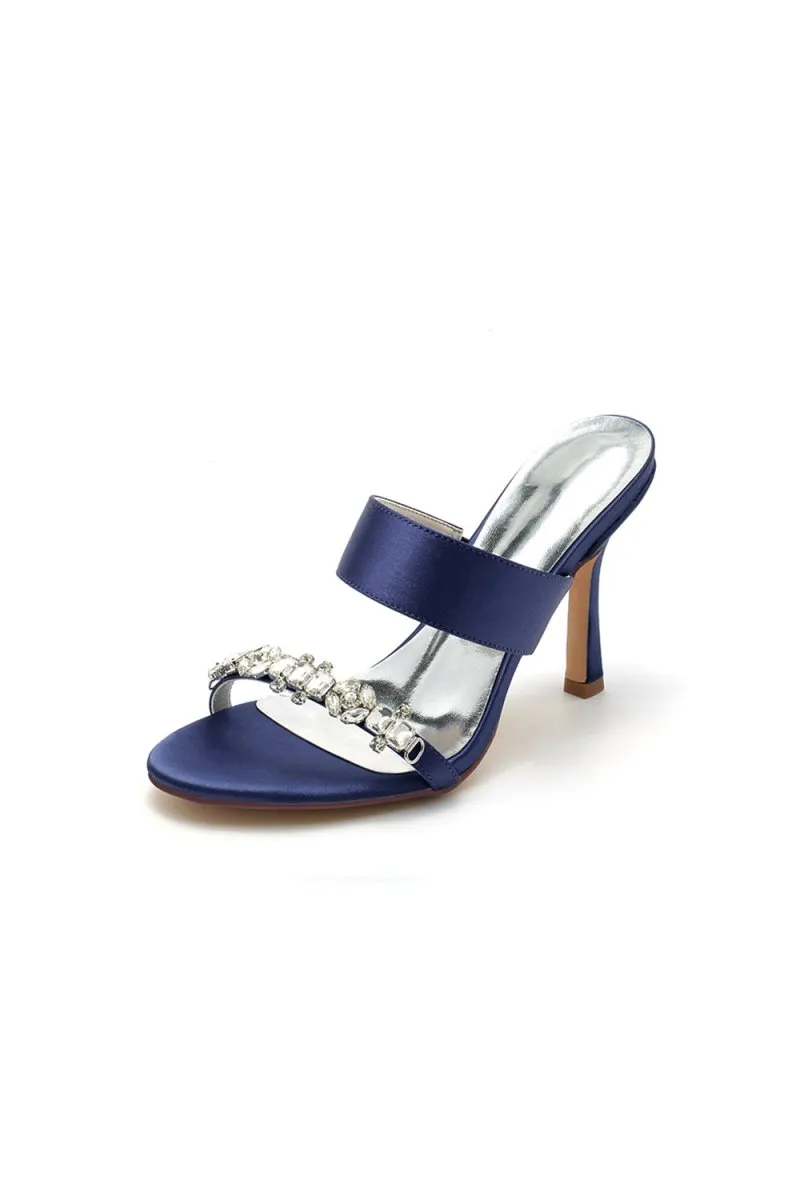 Open Toe Satin Strap Slip On High Heels With Rhinestone
