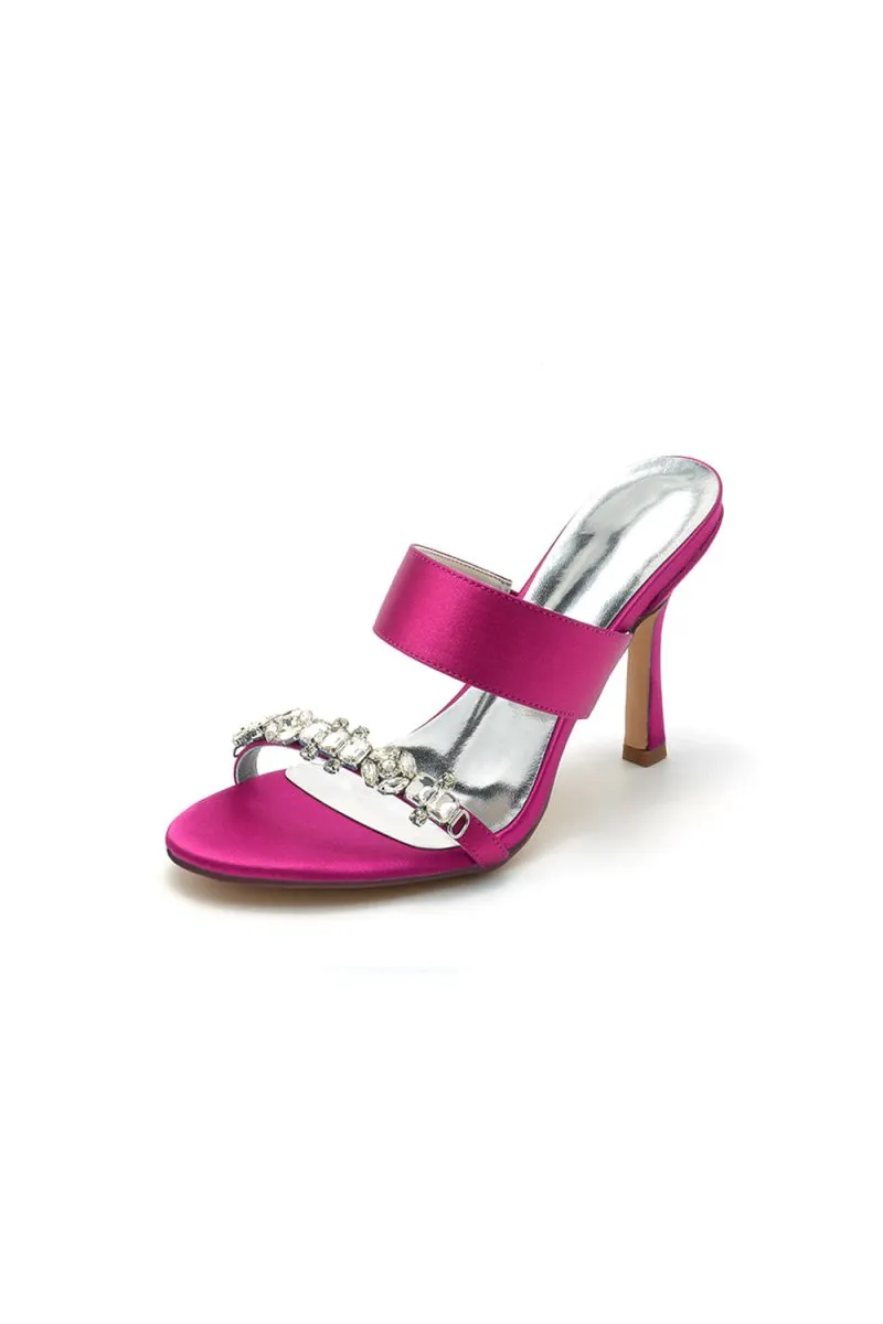 Open Toe Satin Strap Slip On High Heels With Rhinestone