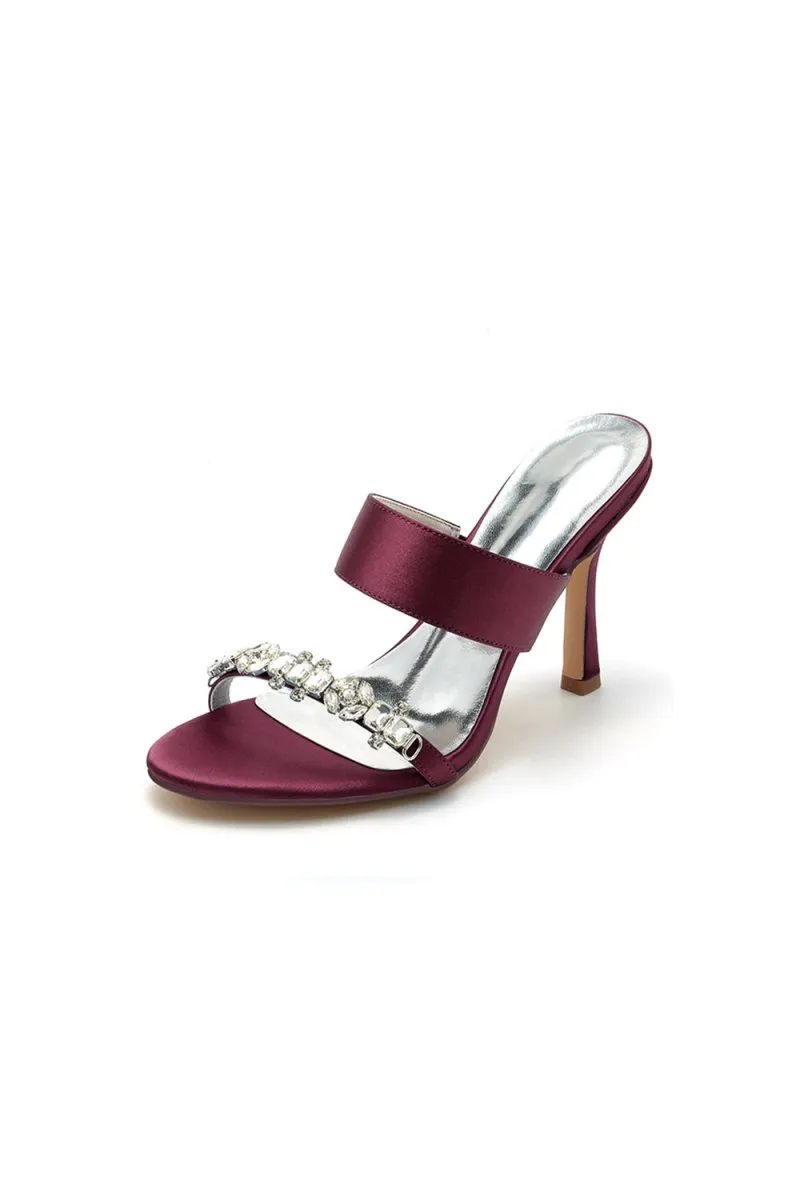 Open Toe Satin Strap Slip On High Heels With Rhinestone