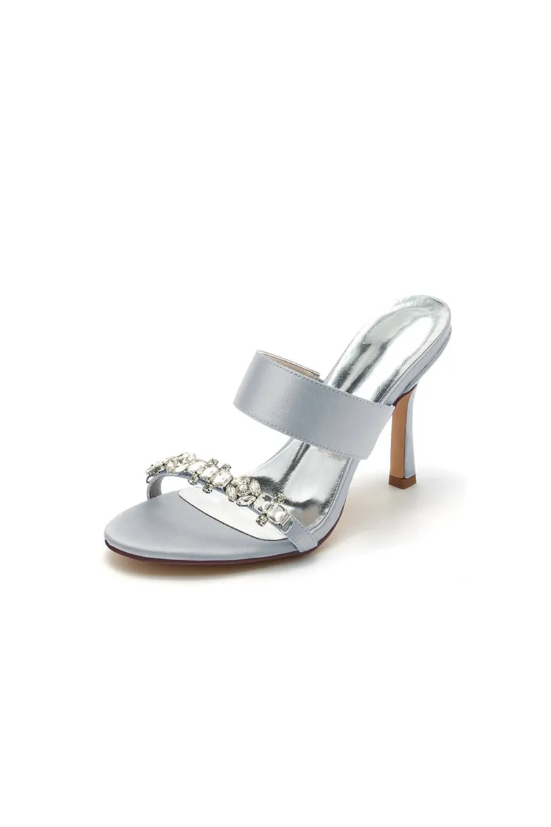 Open Toe Satin Strap Slip On High Heels With Rhinestone