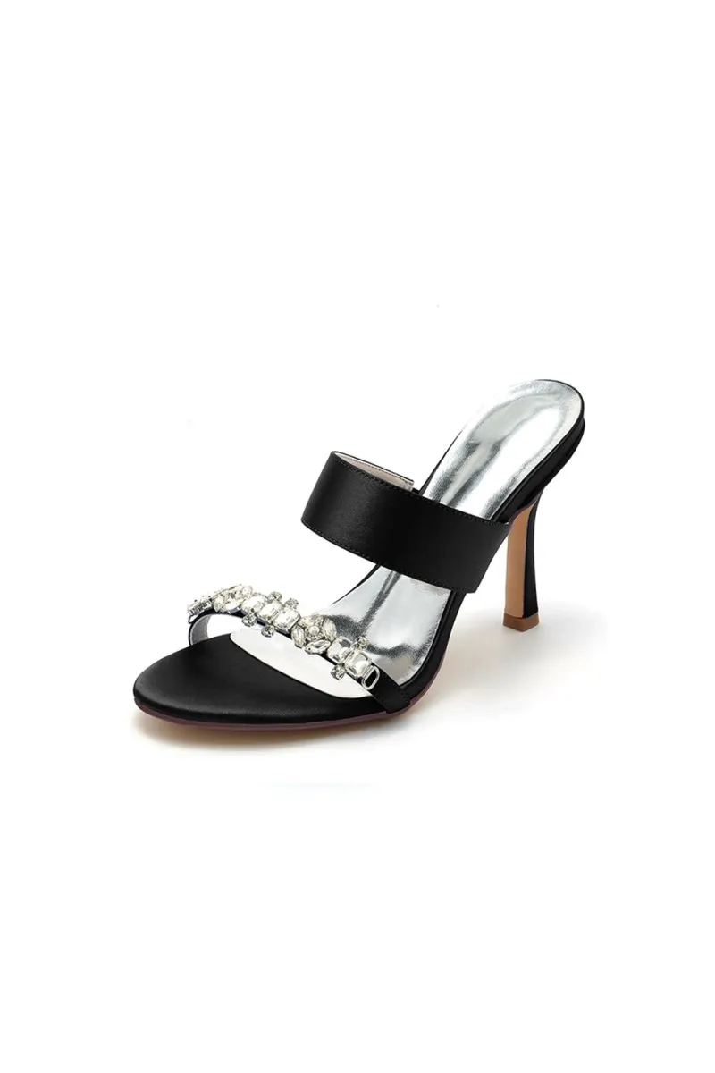 Open Toe Satin Strap Slip On High Heels With Rhinestone