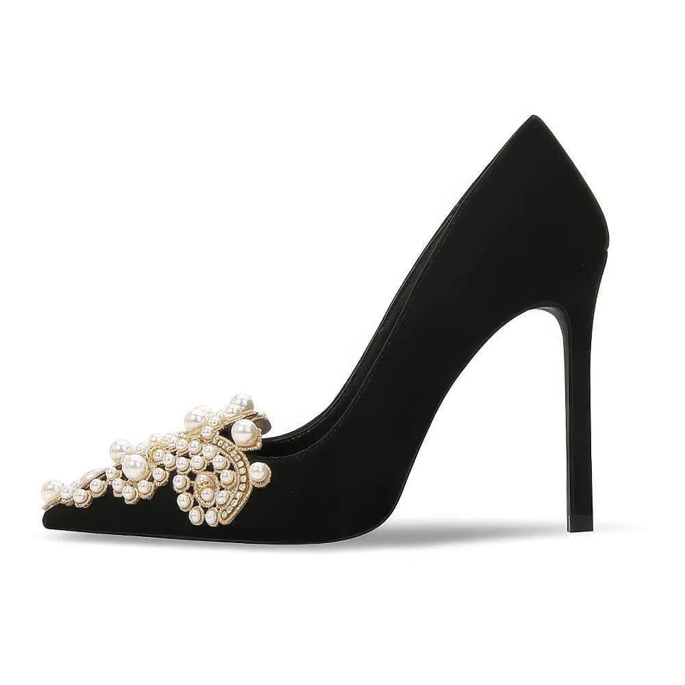 Pearl Decorated Rhinestone Pointy Toe Court Heels