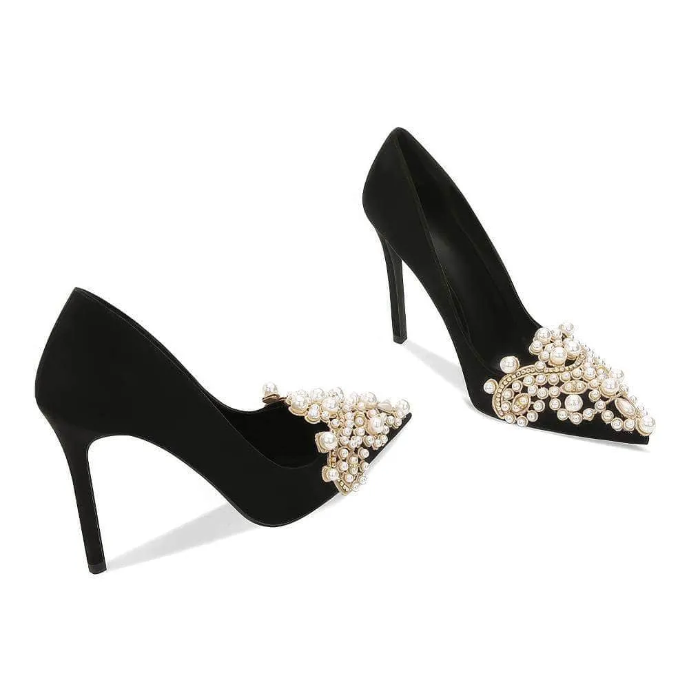 Pearl Decorated Rhinestone Pointy Toe Court Heels