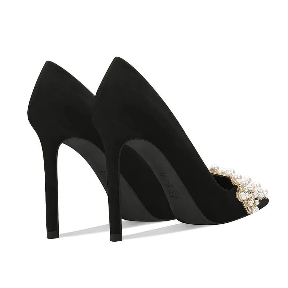 Pearl Decorated Rhinestone Pointy Toe Court Heels