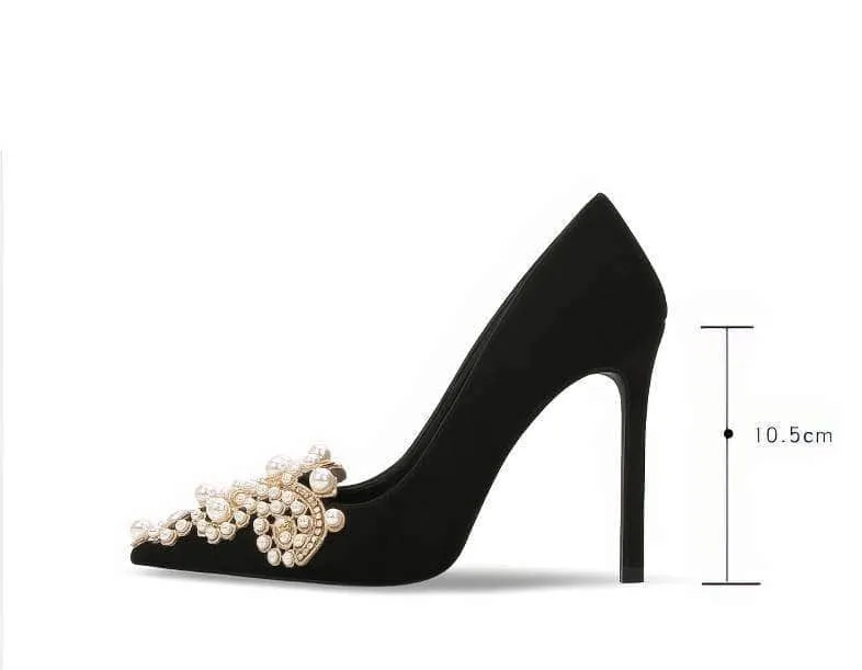 Pearl Decorated Rhinestone Pointy Toe Court Heels