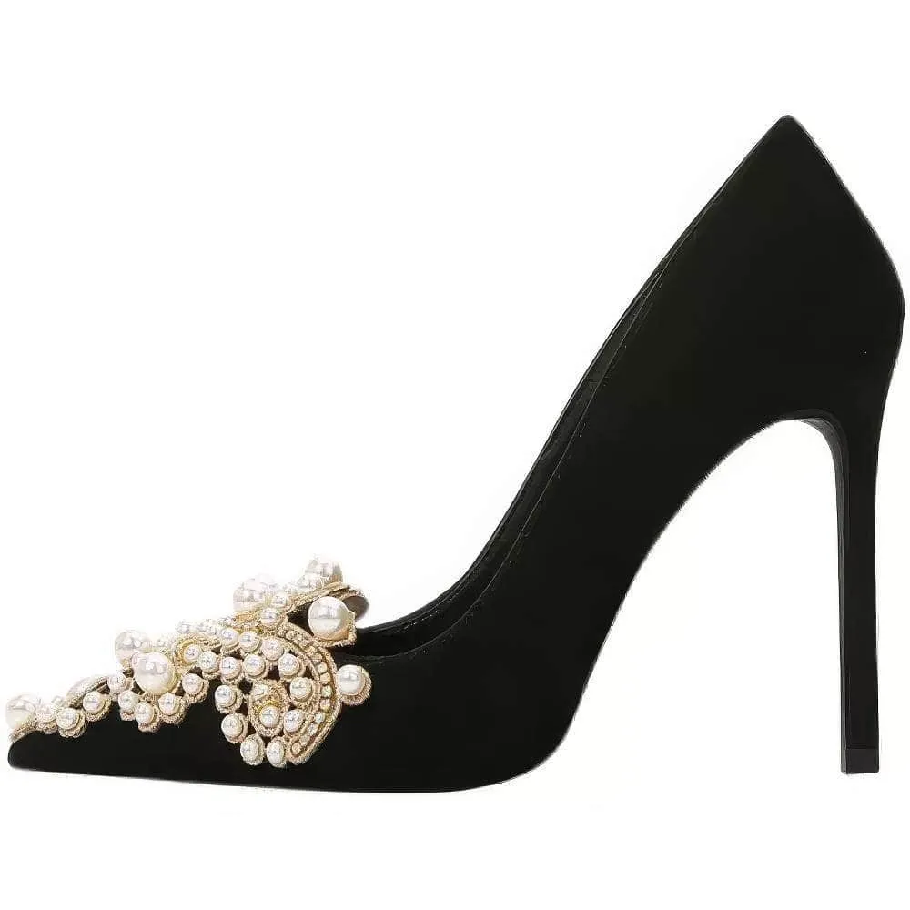 Pearl Decorated Rhinestone Pointy Toe Court Heels