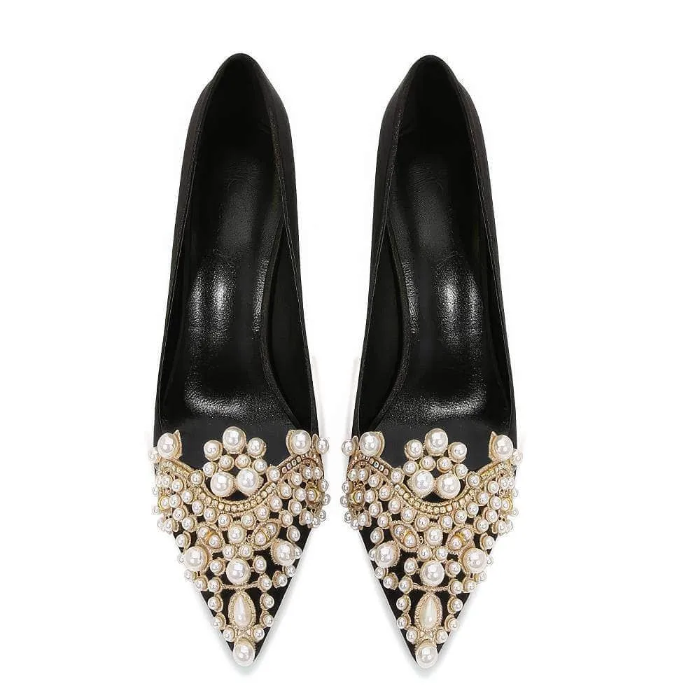 Pearl Decorated Rhinestone Pointy Toe Court Heels